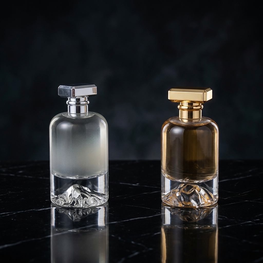 Luxury Mountain Sculpted Thick Base Perfume Bottle | Heavy Clear Glass Fragrance Container with Gold & Silver Square Caps | Custom Logo Available