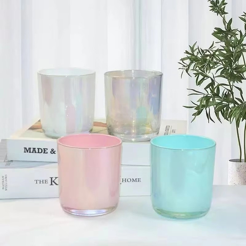 Iridescent Color Glass Candle Vessel Electroplated Aroma Candle Jar Round Base Glass Candle Holder Home Decor Ornament for Scented Candles