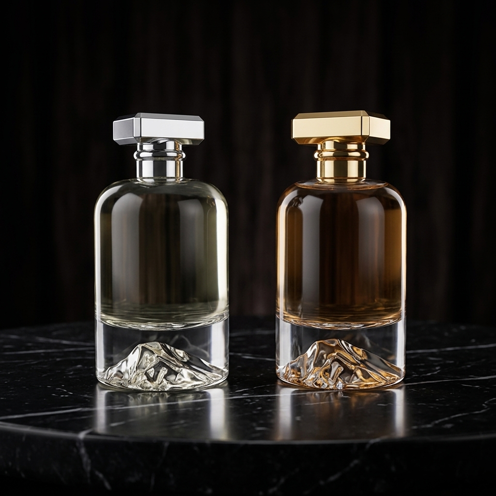 Luxury Mountain Sculpted Thick Base Perfume Bottle | Heavy Clear Glass Fragrance Container with Gold & Silver Square Caps | Custom Logo Available