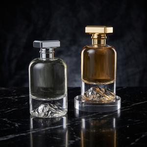 Luxury Mountain Sculpted Thick Base Perfume Bottle | Heavy Clear Glass Fragrance Container with Gold & Silver Square Caps | Custom Logo Available